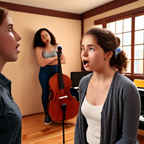 Home 11 ** A vocal trainer attentively listening to a student singing, focusing on body language and emotional expression. The setting is a cozy studio with musical instruments in the background. The scene emphasizes active listening and personalized instruction.
**Style:** Warm, inviting, and slightly impressionistic to convey the emotional connection.
**