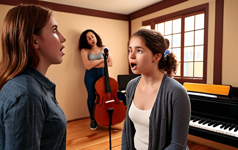** A vocal trainer attentively listening to a student singing, focusing on body language and emotional expression. The setting is a cozy studio with musical instruments in the background. The scene emphasizes active listening and personalized instruction.
**Style:** Warm, inviting, and slightly impressionistic to convey the emotional connection.

**