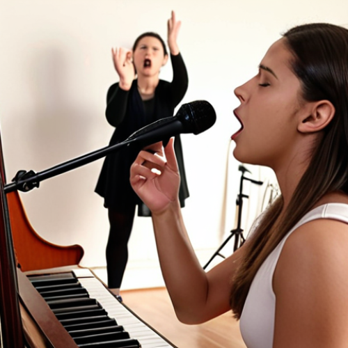 Home 6 **
A dedicated vocal trainer in their studio, surrounded by musical instruments, passionately guiding a student through vocal exercises. The scene should convey a sense of focused instruction and encouragement.
**