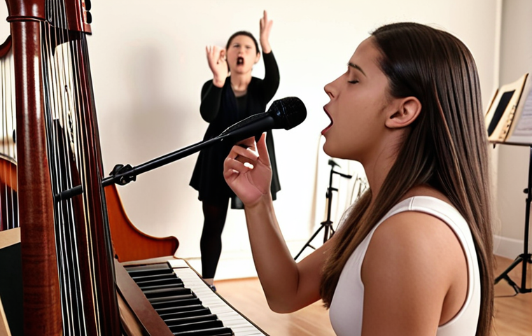 **

A dedicated vocal trainer in their studio, surrounded by musical instruments, passionately guiding a student through vocal exercises. The scene should convey a sense of focused instruction and encouragement.

**