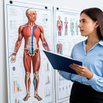A professional female vocal coach in a modest business casual outfit, standing beside a male student in appropriate attire. They are in a bright, modern vocal studio, with anatomical charts of the larynx and respiratory system clearly displayed on the wall behind them. The coach is gesturing towards a diagram, explaining vocal physiology, while the student is attentively observing with a natural pose. This image is fully clothed, appropriate content, safe for work, professional, with perfect anatomy, correct proportions, well-formed hands, proper finger count, and natural body proportions, captured with professional studio lighting.