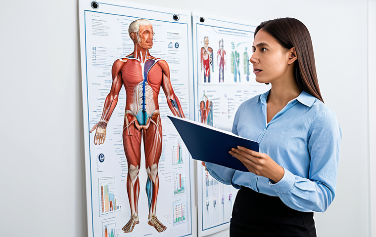 A professional female vocal coach in a modest business casual outfit, standing beside a male student in appropriate attire. They are in a bright, modern vocal studio, with anatomical charts of the larynx and respiratory system clearly displayed on the wall behind them. The coach is gesturing towards a diagram, explaining vocal physiology, while the student is attentively observing with a natural pose. This image is fully clothed, appropriate content, safe for work, professional, with perfect anatomy, correct proportions, well-formed hands, proper finger count, and natural body proportions, captured with professional studio lighting.