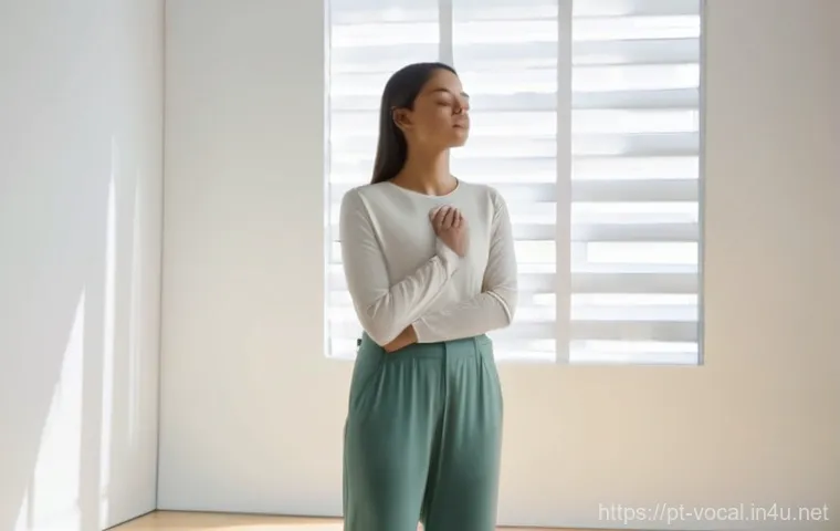 보컬트레이너의 중요한 기술 - **Prompt for Diaphragmatic Breathing:**
"A female singer, 30s, stands in a brightly lit, modern ...