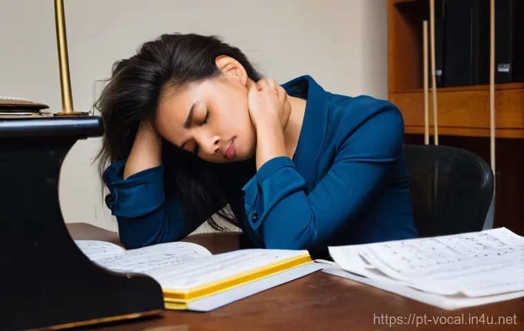 보컬트레이너 멘탈 관리 - **Image Prompt: The Weight of Exhaustion**
A female vocal coach in her late 30s to early 40s, wi...