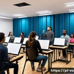 Home 21 보컬트레이너 학원 운영 - A modern vocal training classroom in Brazil, featuring a diverse group of adult students with a rang...