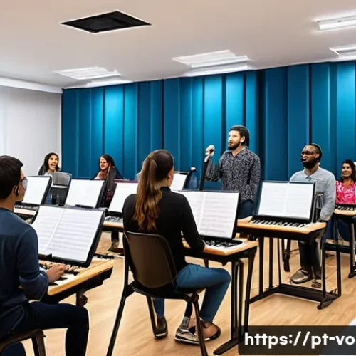 Home 33 보컬트레이너 학원 운영 - A modern vocal training classroom in Brazil, featuring a diverse group of adult students with a rang...