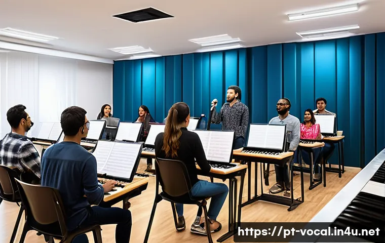 보컬트레이너 학원 운영 - A modern vocal training classroom in Brazil, featuring a diverse group of adult students with a rang...