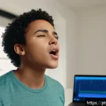 Home 19 보컬트레이너 보컬 훈련 결과 평가 - A focused scene of a young adult singer practicing vocal exercises in a modern, well-lit home studio...