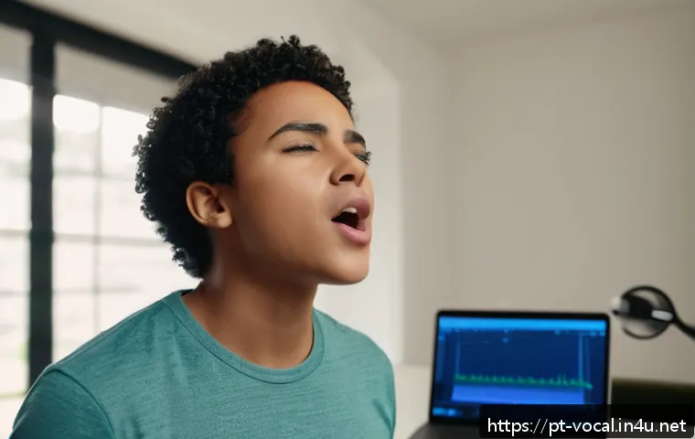 보컬트레이너 보컬 훈련 결과 평가 - A focused scene of a young adult singer practicing vocal exercises in a modern, well-lit home studio...