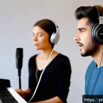 Home 18 보컬트레이너 업무 환경 - A modern vocal coaching studio with professional acoustic treatment: soundproof walls with foam pane...