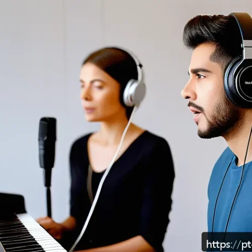 Home 30 보컬트레이너 업무 환경 - A modern vocal coaching studio with professional acoustic treatment: soundproof walls with foam pane...