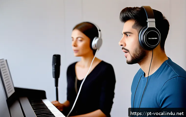 보컬트레이너 업무 환경 - A modern vocal coaching studio with professional acoustic treatment: soundproof walls with foam pane...