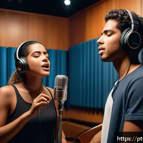 Home 17 보컬트레이너 다양한 장르 훈련 - A confident young Brazilian female singer practicing vocal techniques with a professional vocal coac...