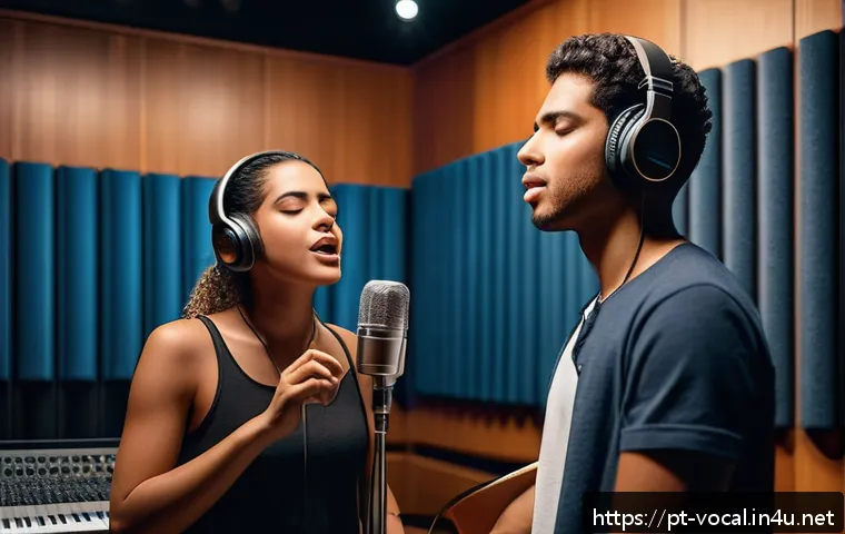 보컬트레이너 다양한 장르 훈련 - A confident young Brazilian female singer practicing vocal techniques with a professional vocal coac...