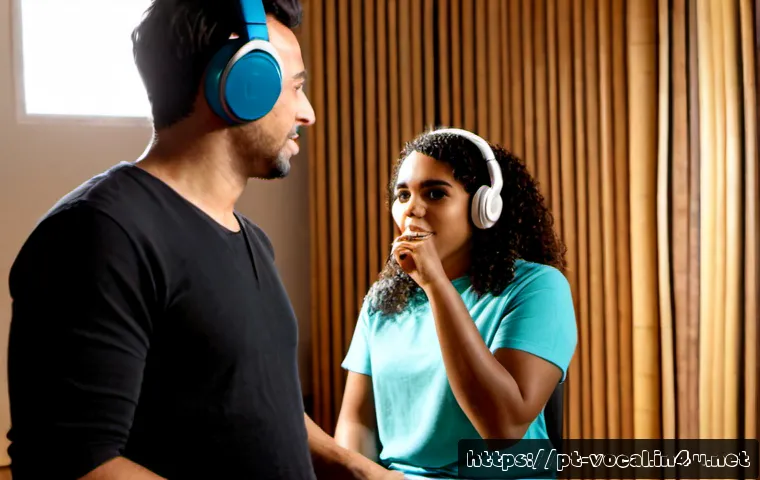 보컬트레이너 피드백 기법 - Photorealistic vocal coaching session in a bright contemporary Brazilian music studio, supportive vo...