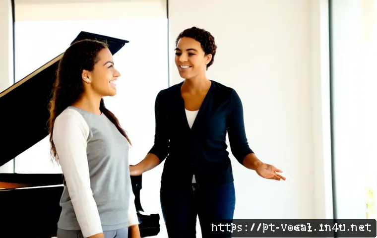 Home 17 보컬트레이너 고음 훈련 - Photorealistic Brazilian vocal coach guiding an adult student through high-note training in a bright...