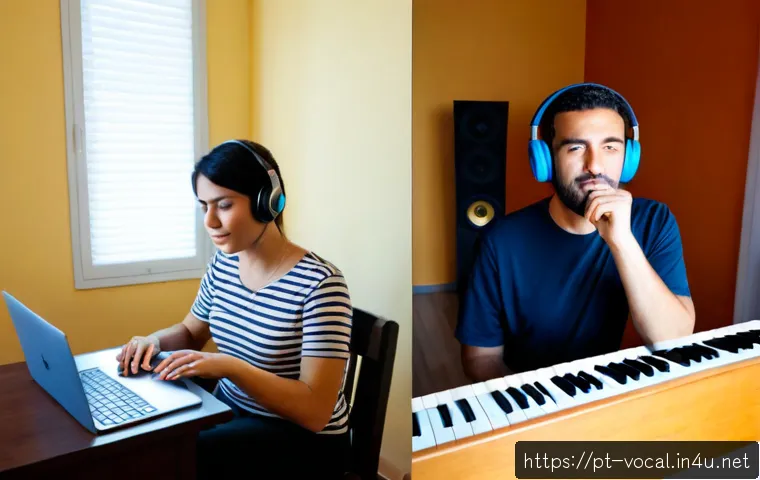 보컬트레이너 대면 레슨 vs 온라인 레슨 - Photorealistic split-screen comparison of vocal coaching options for Portuguese-speaking adults: on ...