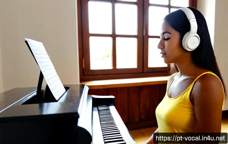 Home 17 보컬트레이너 자격증 난이도 - Photorealistic Brazilian vocal coach certification preparation scene, focused adult woman practicing...